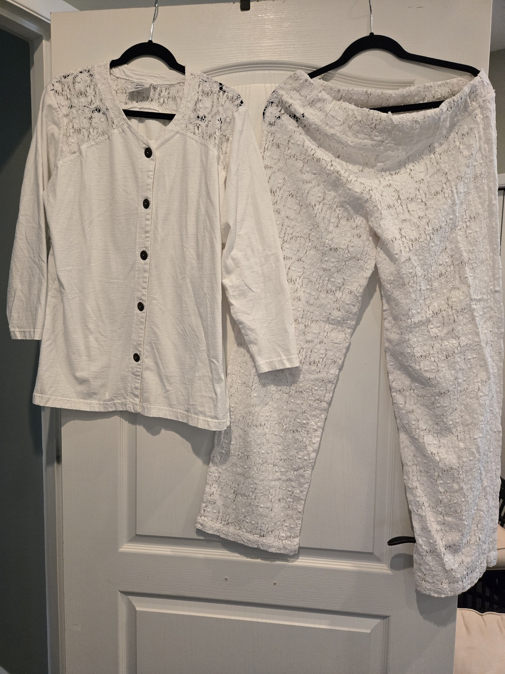 White Lace-Trim Button Front Top Sweatshirt with Matching Lace Pants